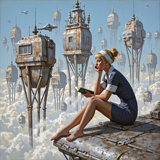 Prompt: This is a digital painting in a realistic, gritty, science fiction style with natural proportions and detailed facial features.

The central subject is a blonde woman with her hair tied in a bun, wearing a white headband and a navy blue, short-sleeved, form-fitting dress in the style of a flight attendant that ends just above her knees. She is sitting with her legs crossed, barefoot, and holding a closed book in her left hand while resting her chin on her right hand. Her expression is contemplative as she gazes downward.

The background features a futuristic, cityscape filled with numerous, metallic columns and beams that stretch up from below the clouds, supporting futuristic industrial buildings of varying sizes, futuristic oblong and oval shapes.  The buildings are colored with varying grimy metallic-industrial hues, all with intricate details such as windows, antennas, and small, lit areas creating a crowded, chaotic sky-scape.  
The buildings are each individually supported, held up above the clouds, by metallic beams and columns that stretch downward into and below the clouds. These structures are surrounded by a layer of dirty industrial-smog tinged clouds. Several small futuristic aircraft are flying in the distance. The sky is light blue, contrasting with the dirty color of the clouds adding a sense of depth and vastness to the scene.

The woman is seated to one side of the image, on a metallic ledge overlooking the cloud-city with visible structural beams and a slight texture, indicating it might be part of a larger aircraft or platform. The overall color palette is dominated by industrial metallic tones and palette offset by the contrasting cool blue of the sky, creating a serene yet futuristic atmosphere. The attention to detail and realistic rendering give the painting a sense of realism within a fantastical setting.