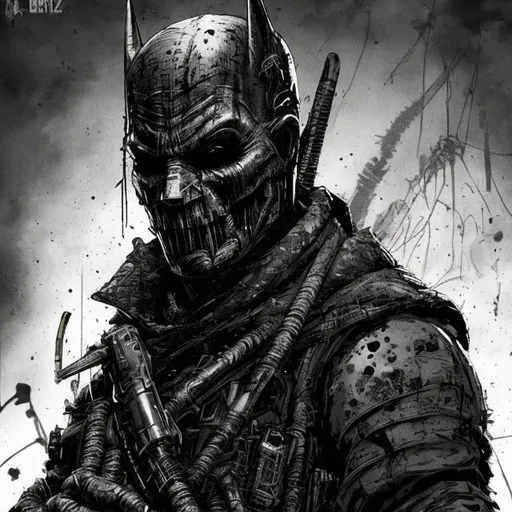 Prompt: Redesigned Todd McFarlane style nightmare futuristic military commando-trained villain batman spawn. Smoking cigar. Heist. full face mask. Bloody. Hurt. Damaged. Accurate. realistic. evil eyes. Slow exposure. Detailed. Dirty. Dark and gritty. Post-apocalyptic Neo Tokyo .Futuristic. Shadows. Sinister. Armed. Fanatic. Intense. 