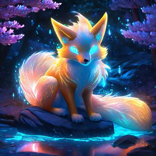 Prompt: A translucent kitsune that is glowing, in a den, realistic, bioluminescent,  glitter, highres, best quality, concept art