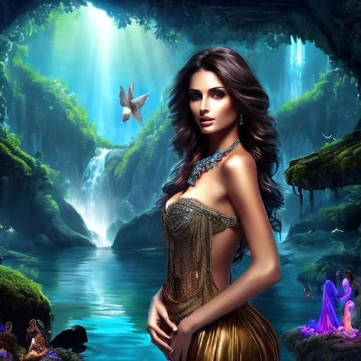 Prompt: HD 4k 3D 8k professional modeling photo hyper realistic beautiful woman ethereal greek goddess of the Underworld river and hatred
brown hair dark eyes gorgeous face brown skin shimmering dark dress with jewelry full body surrounded by magical glowing light hd landscape background dark underworld river waterfall cave