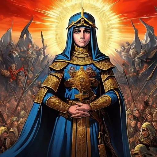 Prompt: magnificent to witness vast war and armies. BEHOLD the great sign appearing in the heavens! A Palestinian Virgin clothed all about with the sun, the moon under her feet, and a crown of twelve stars around her head. she commands the terrible, immense armies arrayed with banners of war