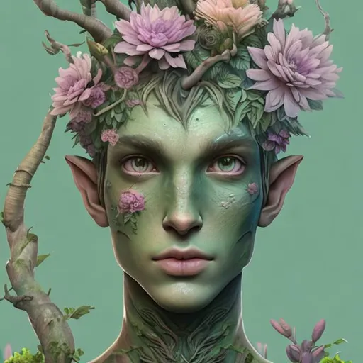 Prompt: male dryad, pastel green skin, flowers growing from skin, nature decal on skin, high detail, magical, pastel colors, high fantasy