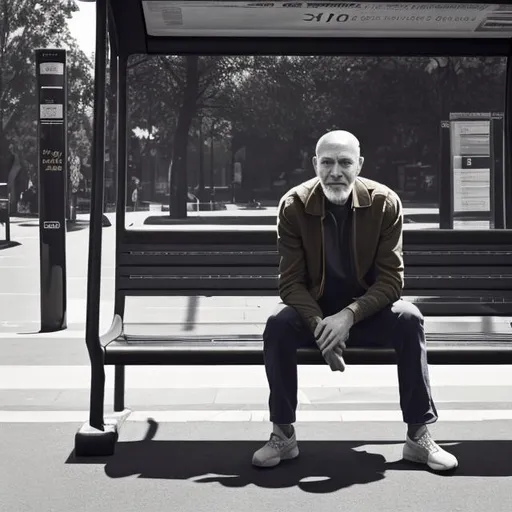 Prompt: A man sitting cross legged on a bench at a bus stop, 4K portrait, hyperrealistic, realism ++ar 16:9 