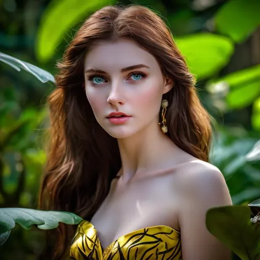 Prompt: professional modeling photo Jane as live action human woman hd hyper realistic beautiful petite english woman brunette hair fair skin blue eyes beautiful face victorian yellow dress and jewelry and parasol enchanting african jungle hd background with live action realistic jungle vines