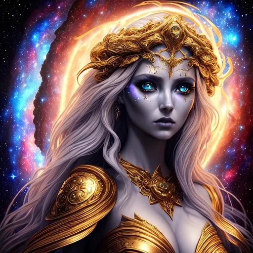 Prompt: 3D, HD, Cinematic, Dramatic, Spectacular, {Goddess}Female as Sorceress, Beautiful big reflective eyes,  Supernova, Cosmos, Galaxies, expansive Interstellar background, ultra detailed full body artistic photography, detailed rugged Gorgeous detailed face, shadows, oil on canvas, brush strokes, ultra sharp focus, ominous, matte painting movie poster, golden ratio, epic, intricate, cinematic character render, hyper realistic, 64K --s98500
