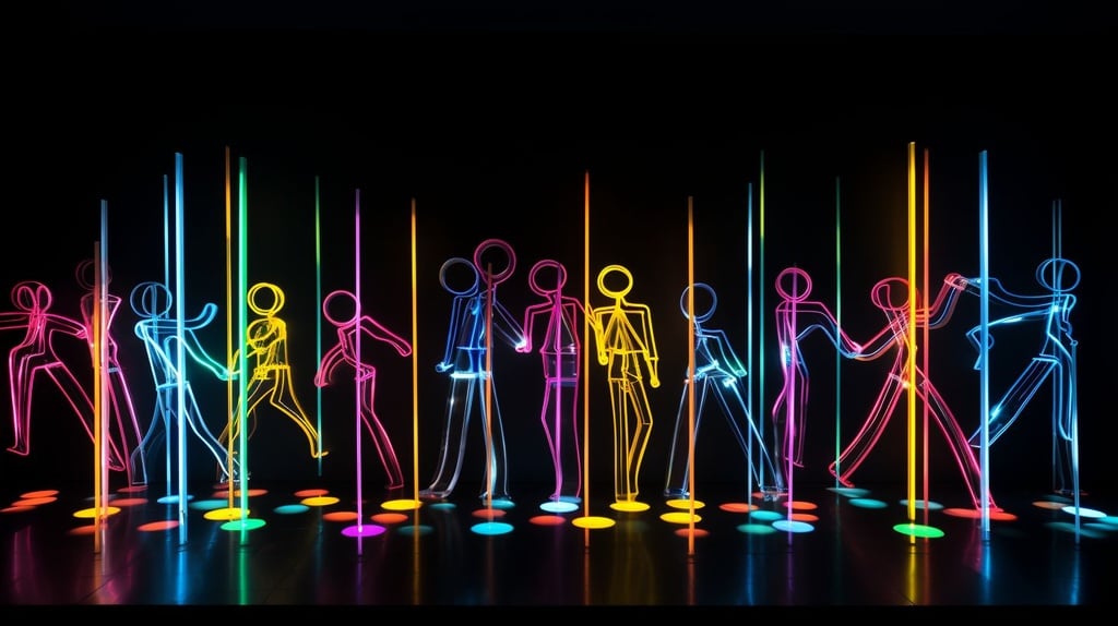 Prompt: neon lit striped tube stickmen dancing, weeping neon lit disco stars