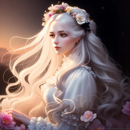 Prompt: portrait painting of a beautiful girl, style of Fragonard and Yoshitaka Amano (messy long flowing
 white hair), sunset, ((inricate black gothic gown)) flowers, delicate, soft, ethereal, luminous, glowing, dark contrast, celestial, trails of light, 3D lighting, soft light, backlit, vaporwave