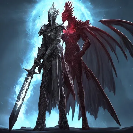 Prompt: The sword of the Phoenix weilded by a white Dragonborn, the sword shines bright red in stark contrast to the white of the Dragonborn's skin. 