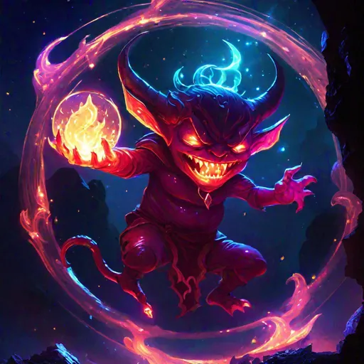 Prompt: A devilish translucent imp that is glowing, in the 5th circle of hell, beneath the stars, bioluminescent, highres, best quality, concept art