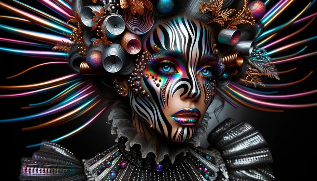 Prompt: photo of a woman of Hispanic descent with a face adorned with zebra patterns and vibrant stripes, capturing the fusion of futuristic Victorian style, liquid metal aesthetics, and pattern explosion.