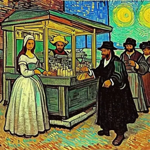 Prompt: a set of images where a turkish ice-cream vendor is selling hard to get ice-cream to a lady. the mood is renaissance age aesthetic. the vendor is vincent van gogh by face and the customer is mona lisa.