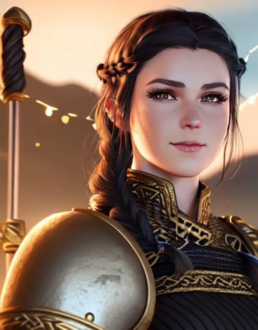 Prompt: Digital art, 20-year-old woman viking, subtle smile, black hair, one braid, light blue eyes, black gear, gold armor, unreal engine 8k octane, 3d lighting, full body, full armor