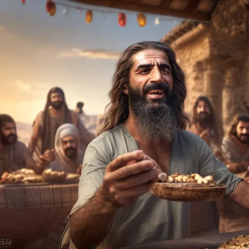 Prompt: ancient middle eastern middle aged male, long hair, taking selfie with his 12 friends in the background, eating supper, sitting at a table with bread and wine, Hyperrealistic, sharp focus, Professional, UHD, HDR, 8K, Render, vivid, happy, 15 AD
