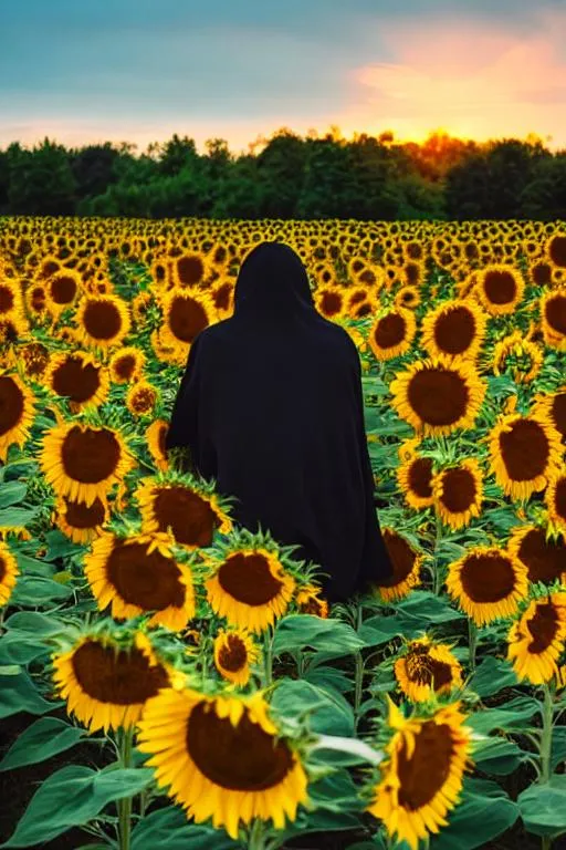 Prompt: grim reaper sitting in a field on sunflowers looking at a sunset