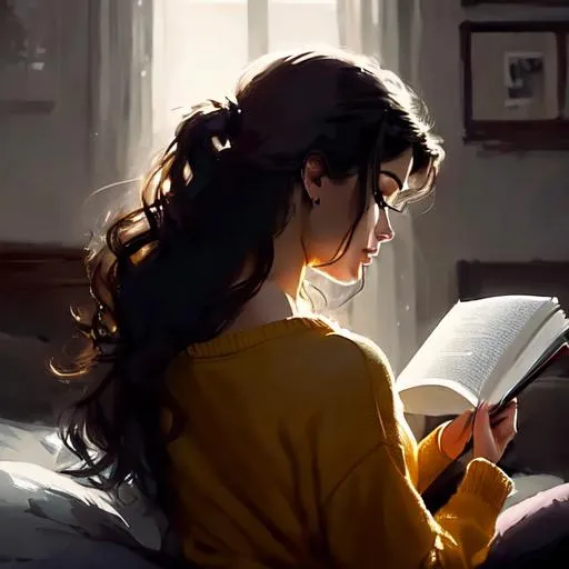 Prompt: Professional painting of a girl with black long wavy hair reading book on bed, from the back, dreamy, from back, thick eyebrows, long sleeves, by Jeremy Mann, Rutkowski, and other Artstation illustrators, intricate details, illustration, UHD, 4K