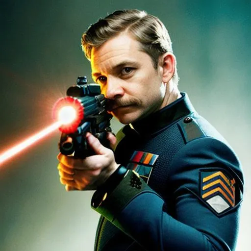 Prompt: Martin Freeman with a moustache as a sci-fi space soldier, holding a laser gun