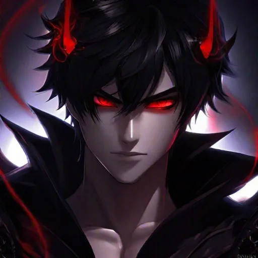 Prompt: Damien (male, short black hair, red eyes) a sadistic look on his face, demon form