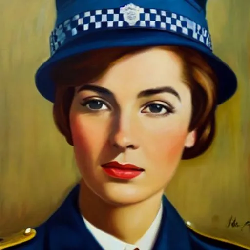Prompt:  Professional high art quality, close-up character portrait study of a Constable Jane Bond in London, in modern 1960s British Police Uniform before she became a detective Chiaroscuro, Sfumato, Impasto, Pentimento