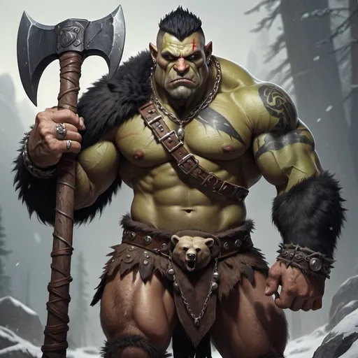 Prompt: Muscular Half-Orc Barbarian with black mohawk haircut and a huge bear tattoo on his right shoulder. Wears a bear-skin cloak and a bear-claw necklace. Holding a massive double-headed axe