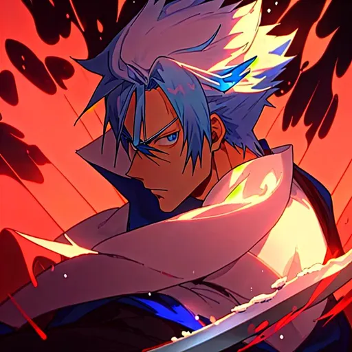 Prompt: Anime Swordsman looking directly at the camera. Background is ice, snow, and blue fire. Quality is 4K for profile picture