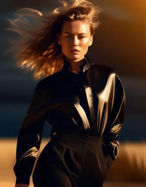 Prompt: A strikingly beautiful young model poses in the golden hour light wearing stylish black clothing, turning to look intensely into the camera. Wind blows her hair back for natural movement. Allure, fierce confidence, high fashion editorial. 