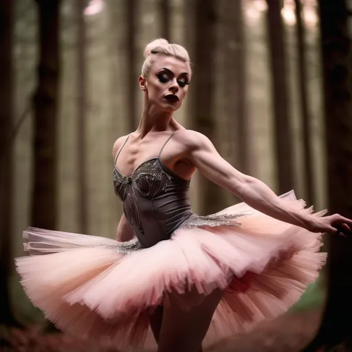 Prompt: (focused character gorgeous ultra-muscular 25-year-old Swedish drag queen bodybuilder), (elegant ballet pose), soft warm lighting, flowing pastel-colored tutu, enchanted forest background, delicate expression, intricate details in attire, dark eyeshadow,  dark red lipstick, immersive atmosphere, ethereal vibe, graceful movements, dreamy ambiance, intricate ballet shoes, glowing soft light filtering through trees, beautiful HD quality, atmospheric cinematic mastery