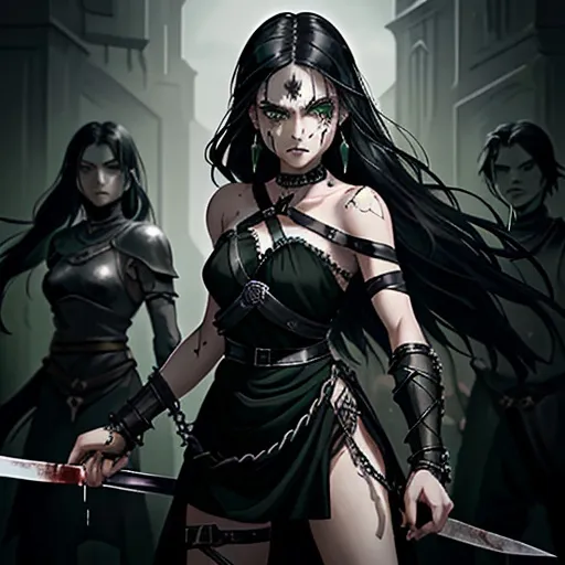 Prompt: 
A young warrior, with black hair and green eyes, dressed in a black dress with silver shackles around her arms. She stands on the bones of her enemies, with two swords in both hands. Tears of blood run down her face from the pain.


