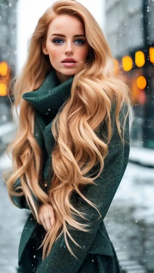 Prompt: professional portrait photograph of a gorgeous Irish woman in winter clothing with long wavy blonde hair, ((sultry flirty look)), freckles, beautiful symmetrical face, cute natural makeup, ((standing outside in snowy city street)), stunning modern urban upscale environment, ultra realistic, concept art, elegant, highly detailed, intricate, sharp focus, depth of field, f/1. 8, 85mm, medium shot, mid shot, (centered image composition), (professionally color graded), ((bright soft diffused light)), volumetric fog, trending on instagram, trending on tumblr, hdr 4k, 8k