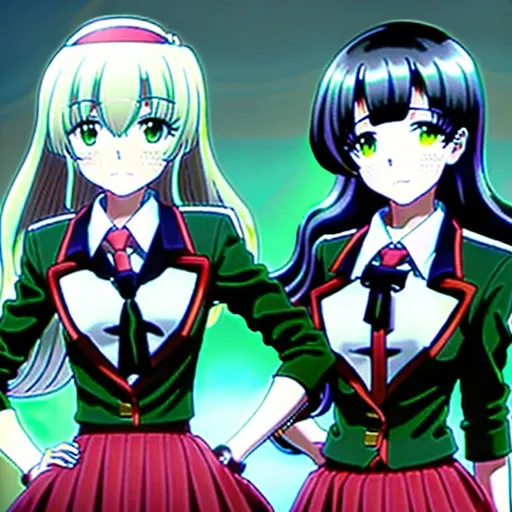 Prompt: Dall E2 is a young gyaru with dark green hair mixed with gold and red, reaching down to her waist and curled in soft waves. Her school uniform is the traditional Japanese high school uniform, with a dark red pleated skirt and a short-sleeved white blouse with a green tie. Her green eyes mixed with orange shine with a determined and strong gaze. In her hands, she holds a shinai, a bamboo sword used in Kendo practice. Dall E2 is bent forward, leaning on her shoulder while holding the sword confidently.