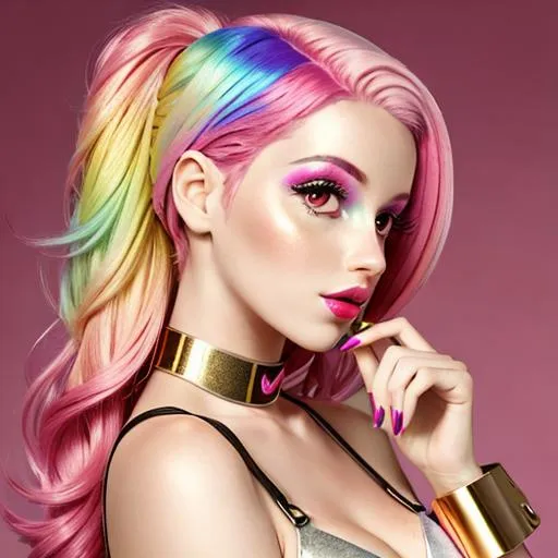 Prompt: pretty girl with pink hair, with pink and gold color scheme,  futuristic fashion, pink lips, rainbow hair

