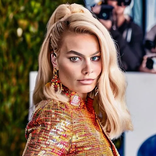 Prompt: High quality picture of Margot Robbie wearing a high detailed inspired Barbie Moschino outfit 
