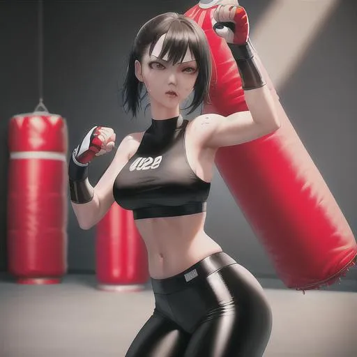 Prompt: punching bag punching, high quality, bloody, punching bag,Best quality, tall girl, (punching bag:1.2), master piece, leggings , muscle, bloody punching bag, latex ,ultra detailed, realistic, 4k, fight punching, open finger gloves ,anime style,punching fighting, beauty girl, pretty ,detailed face, broken punching bag, punching bag pierce