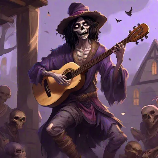 Prompt: Full body splash art of a sweet, youthful, young, handsome, male undead zombie bard, singing and playing the lute, mummified pale face, shoulder long black hair, skinny, tyrian purple medieval noble clothes with puffy sleeves, floppy hat with feathers, D&D, dnd, fantasy, highly detailed, sharp focus, digital painting, trending on artstation, 4k, 8k, unreal engine