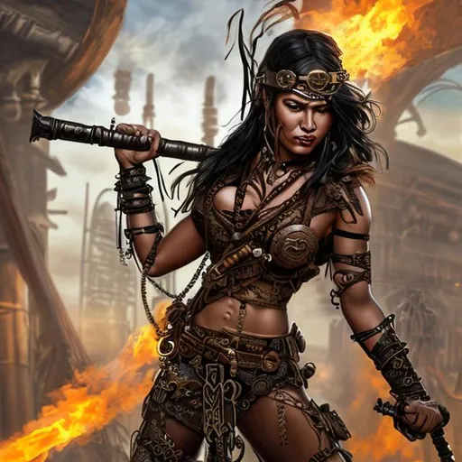 Prompt: Create a steampunk POLYNESIAN woman assassin holding nunchakus hijacking a red train