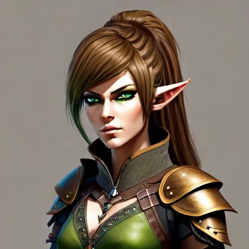 Prompt: portrait of a punk female wood elf with green eyes and brown hair, wearing armor, digital art, 4k, light gray background with a brown streak