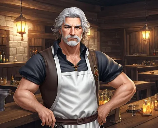 Prompt: A 50 year old scowling white male baker with gray hair with a scar on his cheek. Replace background with a empty tavern. Medieval Fantasy. High resolution. Character concept art.
