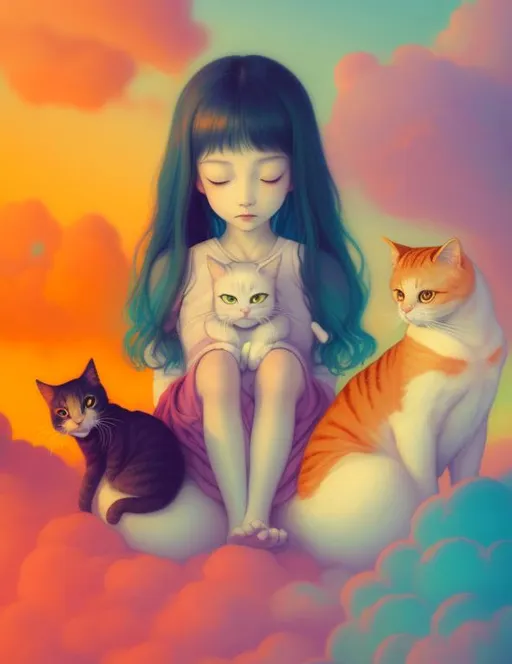 Prompt: a girl sitting on a cloud meditating, with her cats, peace, twee, fantasy, happiness, highly detailed, pretty colors, detailed illustration by junko mizuno artem demura, depth of field, 5d, octane, wlop