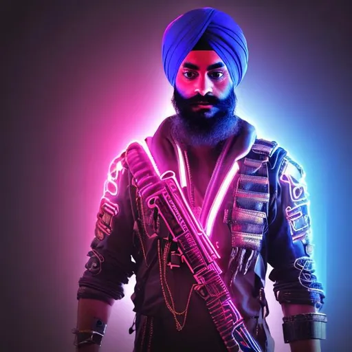 Prompt: Sikh warrior cyberpunk neon light 