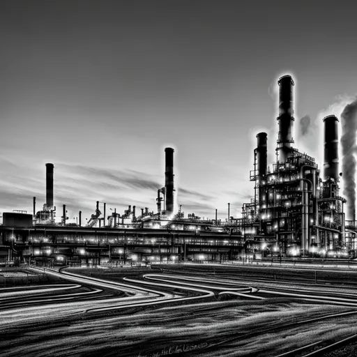 Prompt: a wide angle black and white magazine style print of a steel mill, 4k