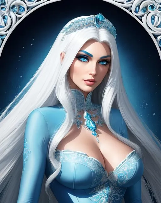 Prompt: A beautiful 25 ft tall 30 year old ((British)) Water elemental Queen with light skin and a beautiful face. She has long white hair with a part in the top and white eyebrows. She wears a beautiful slim blue dress. She has brightly glowing blue eyes and water droplet shaped pupils. She wears a blue tiara on her head. She has a blue aura around her. She is standing in a blue throne room looking at you. Beautiful scene art. Scenic view. Portrait art. {{{{high quality art}}}} ((goddess)). Illustration. Concept art. Symmetrical face. Digital. Perfectly drawn. A cool background. Five fingers. Full body view. No portrait. No black background. Front view. Full body view