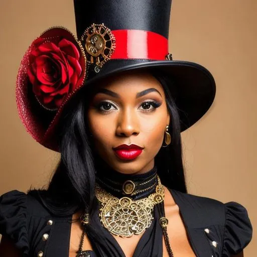 Prompt: black Steampunk woman, pretty face, red lips, tall hat, closeup