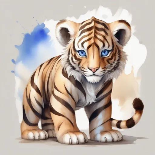 Prompt: Balfiera Senche Cub, tan with brown tiger-like stripes and intense blue eyes, this creature has red and silver pet armor on, Masterpiece, Best Quality, in watercolor painting art style