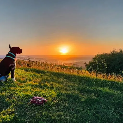 Prompt: dog sitting on a hill IN front of the sunset