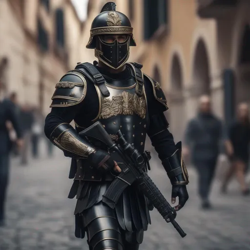 Prompt: A modern roman military male in black military armor galea helmet of roman armor, with a gunfire and gas mask, marching in street, Hyperrealistic, sharp focus, Professional, UHD, HDR, 8K, Render, electronic, nervous vibe, loud, tension, dark, Epic