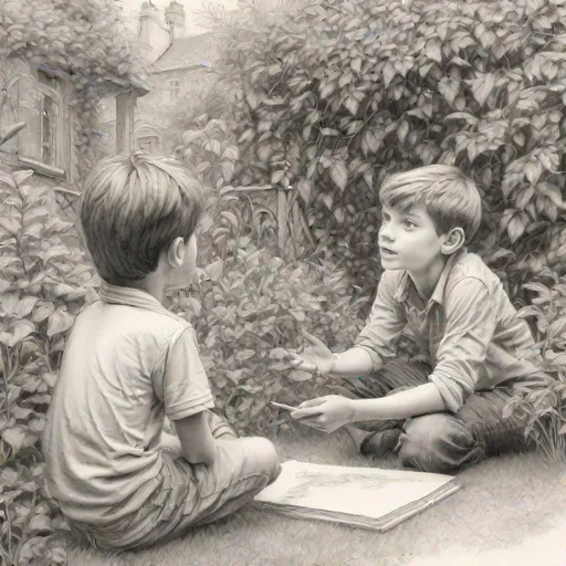 Prompt: intricate details, A boy asking question to the teacher, in the garden, Pencil Art, Sketch