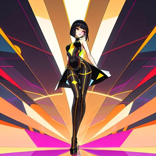 Prompt: a lonely AI girl, very tall, thick thighs, wide hips, huge glutes, long legs, slender arms, slender waist, big beautiful symmetrical eyes, intriguingly beautiful face, aloof expression, bob haircut with bangs, wearing Dazzle-Camouflage fashion clothes, high fashion, 12K resolution, hyper quality, hyper-detailed, 12K resolution, hyper-professional