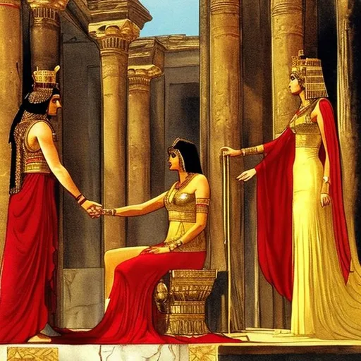 Prompt:  The secret and romantic meeting of Queen Cleopatra in a red dress and golden crown with Mark Antony in the Golden Palace