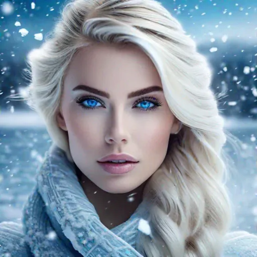 Prompt: lady of the ice, blonde hair, blue eyes, in the middle of an iced lake, snowstorm, highly detailed, professional, render, Sharp focus, HD, UHD, HDR, hyperrealistic