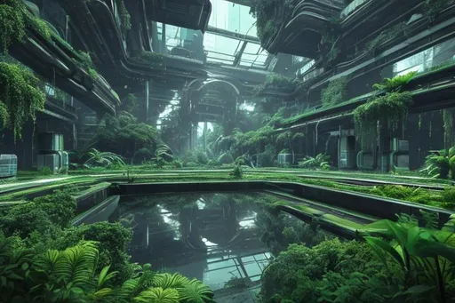 Prompt: Abandoned futuristic city overgrown with lush green plants and reflection pool high resolution 8k
