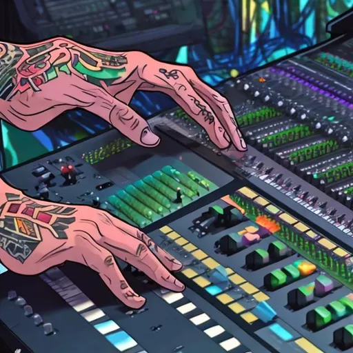 Prompt: A  colored cartoon animation with an over the head angle of a black tattooed hand moving up a fader on a mixing console. 